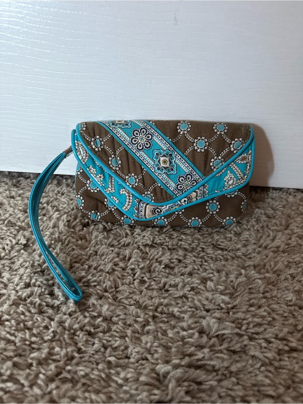 Vera Bradley Turquoise & Brown Quilted Wristlet Clutch